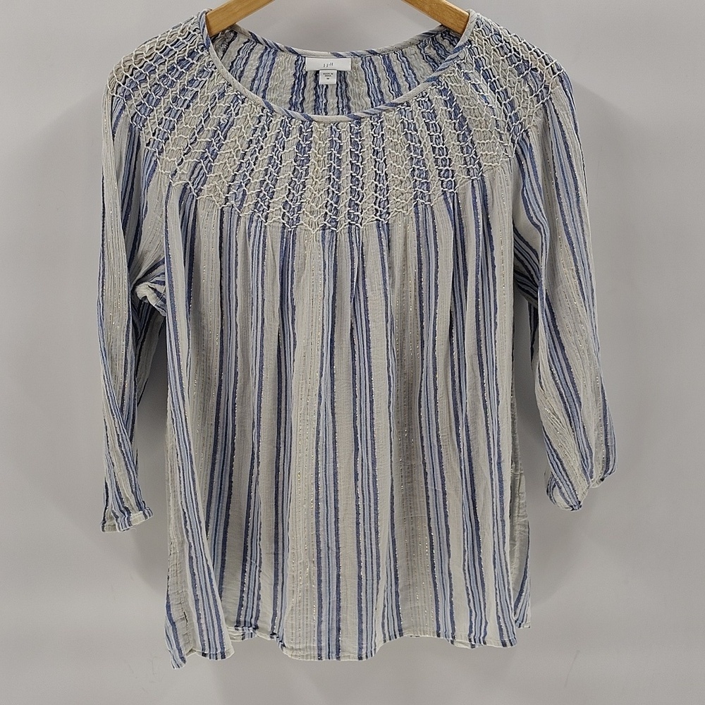 J. Jill Top Medium Peasant 3/4 Sleeve Smocked Neck Gauze Blue Stripe